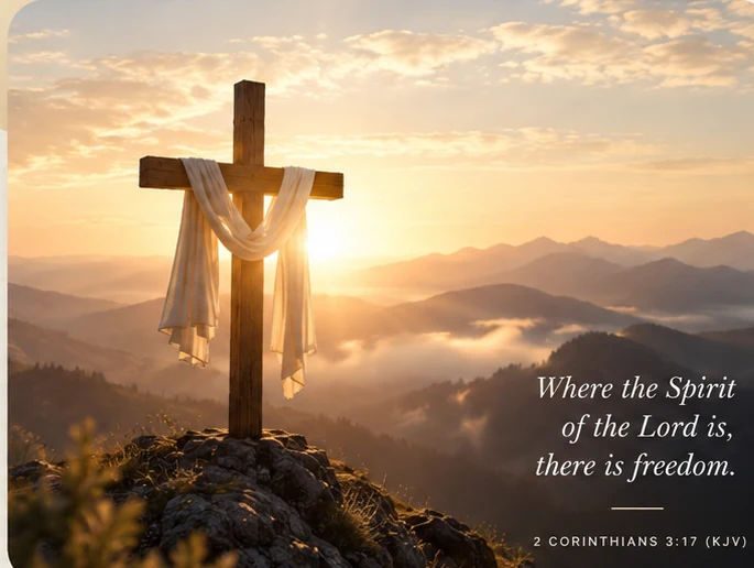 The cross at sunrise with a Scripture reminder of freedom in the Lord