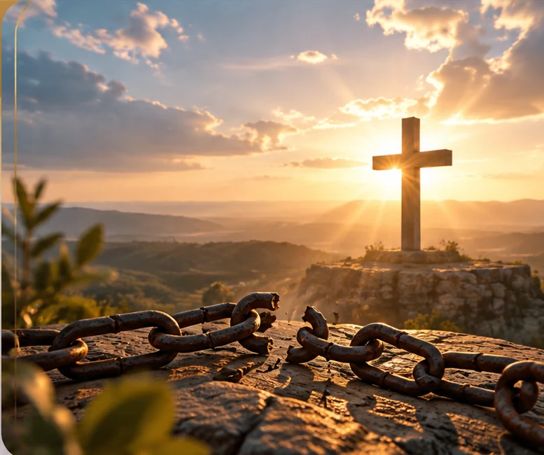 A cross illuminated by sunrise beyond broken chains, illustrating freedom through Jesus Christ
